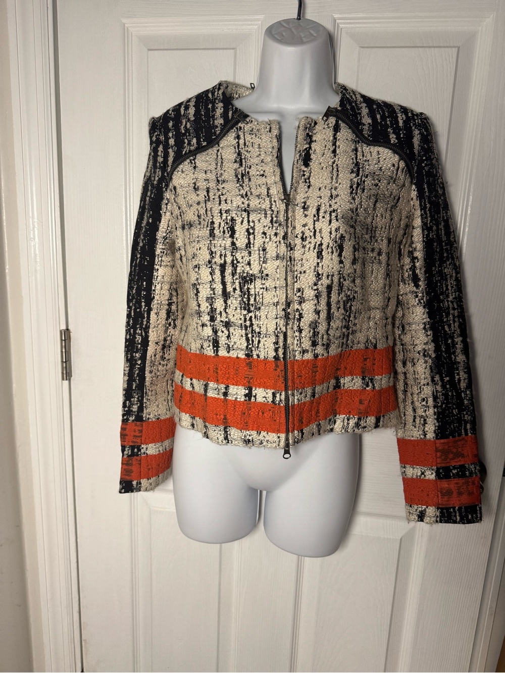 Parker Woven Textured Zip-Front Jacket in Ivory, Black & Orange
